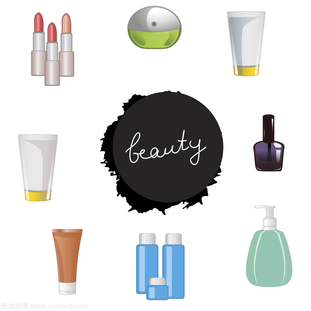 身體護(hù)理與裝飾化妝品 白色背景上的美刻黑飛濺矢量圖